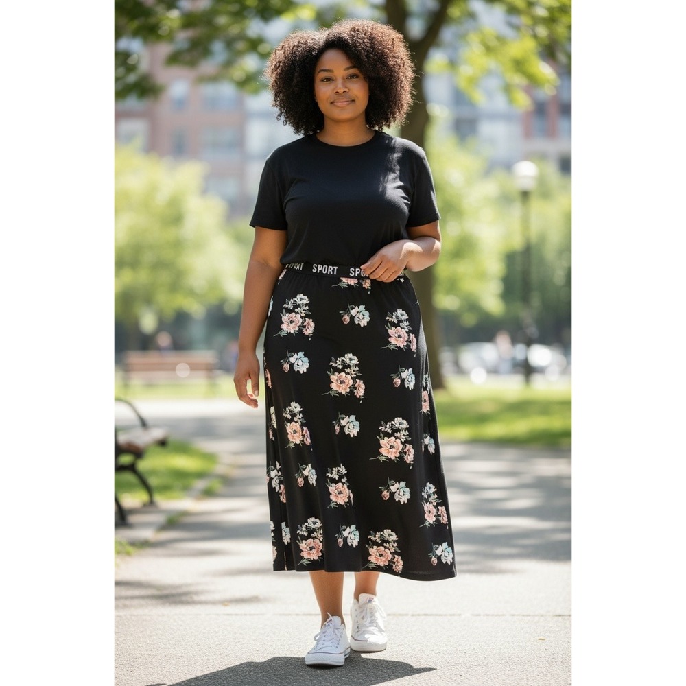 SHEIN Curve Black Floral Maxi Skirt Sport Waistband Plus Size - Picture 2 of 6